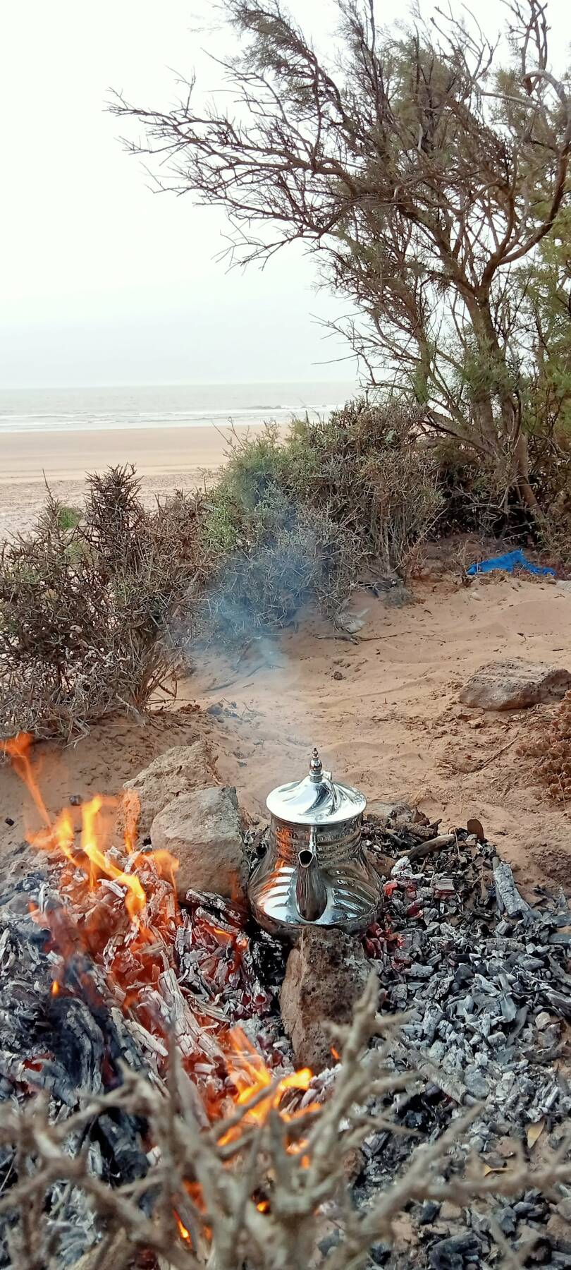Rituale del tè in spiaggia al tramonto